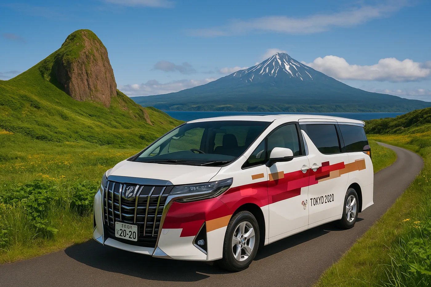礼文島の丘を走るアルファード